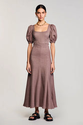 Kaffee A Linie Langes Hochzeitsgastkleid mit quadratischem Ausschnitt und Puffärmeln